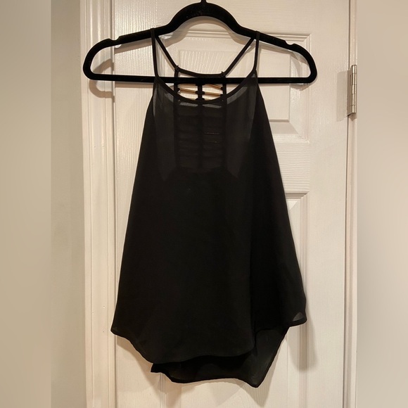 MINE Size S Black Flowy Racerback Spaghetti Strap Tank Top Open Gold Beaded Back - Picture 1 of 9